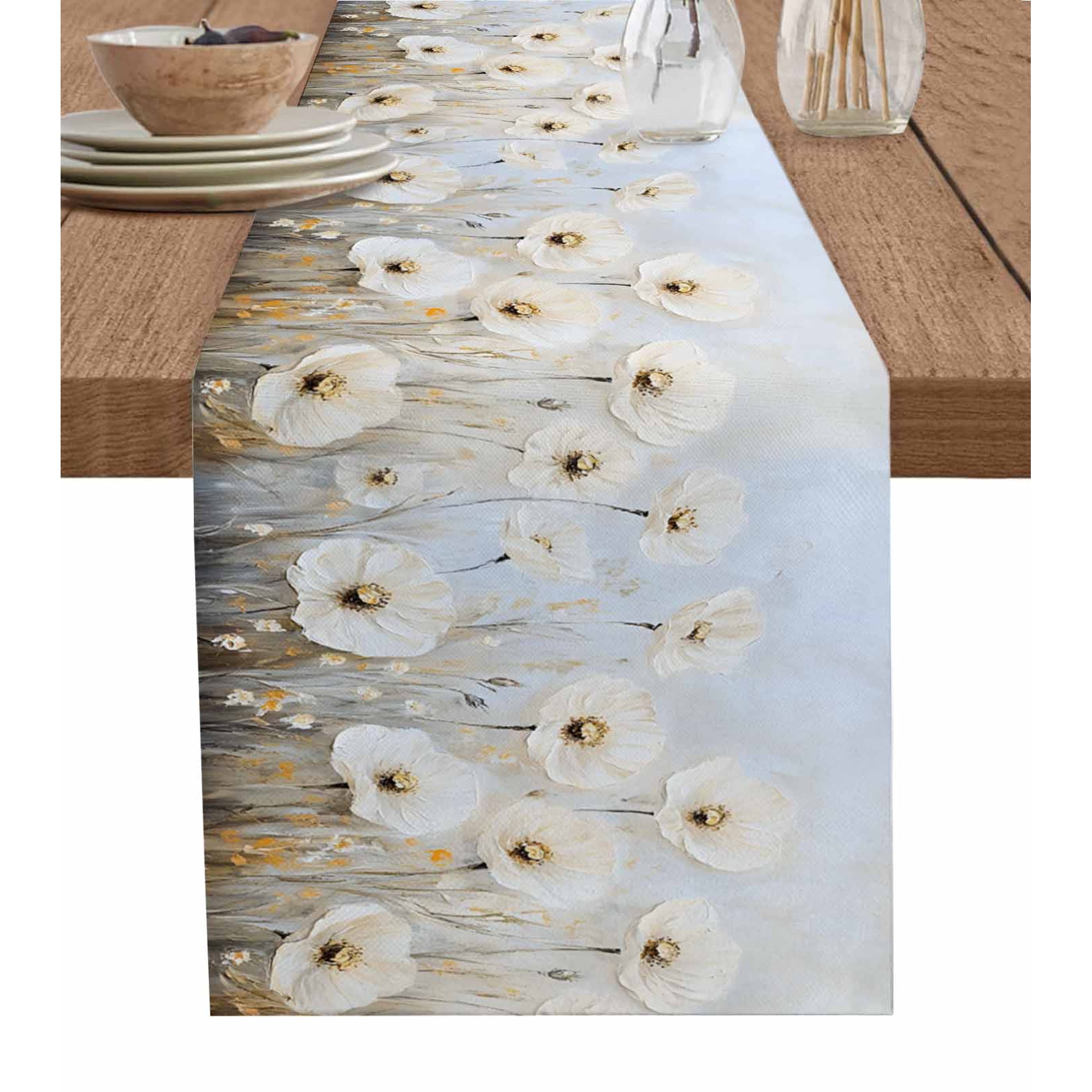 Hokiten Table Runners 120 Inches Long Dress Scarves Daisies Flowers Farmhouse Coffee/Dining/Kitchen Table Runner for Living Room Modern Smear Art Neutral Textured 13x120 Inch
