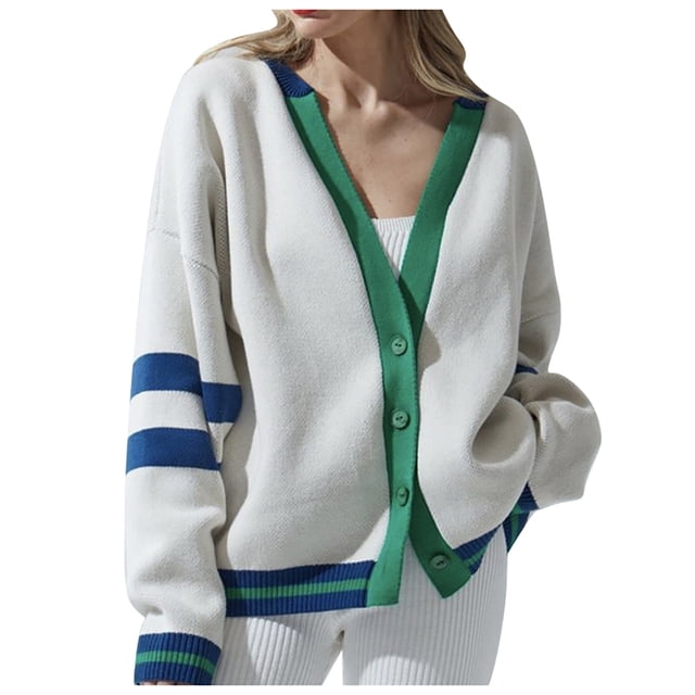 Cardigan Tricoté pour Femmes Automne Hiver Mode Rayé Chandail Ample Doux Confortable Décontracté Manches Longues