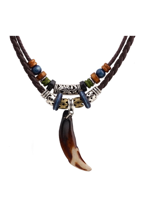 Leather Tribal Tooth Necklace for Women Men Vintage Boho Style Ethnic Wood Beads