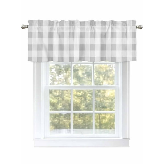 Grey Buffalo Plaid Valances for Windows, Rod Pocket Kitchen Valance Curtains - Soft & Washable Small Window Treatment for Living Room, Bathroom, Gray Checkerd, 54x18inch