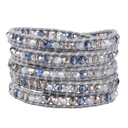 Bracelet en Cristal Bleu avec Perles 5 Wrap sur Cuir Gris Fait à la Main pour l'Été