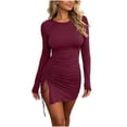 thumbnail image 2 of Karymi Long Sleeve Bodycon Mini Dress, Crew Neck Side Drawstring Ruched High Slit Club Night Out Dress Dresses for Women, 2 of 5