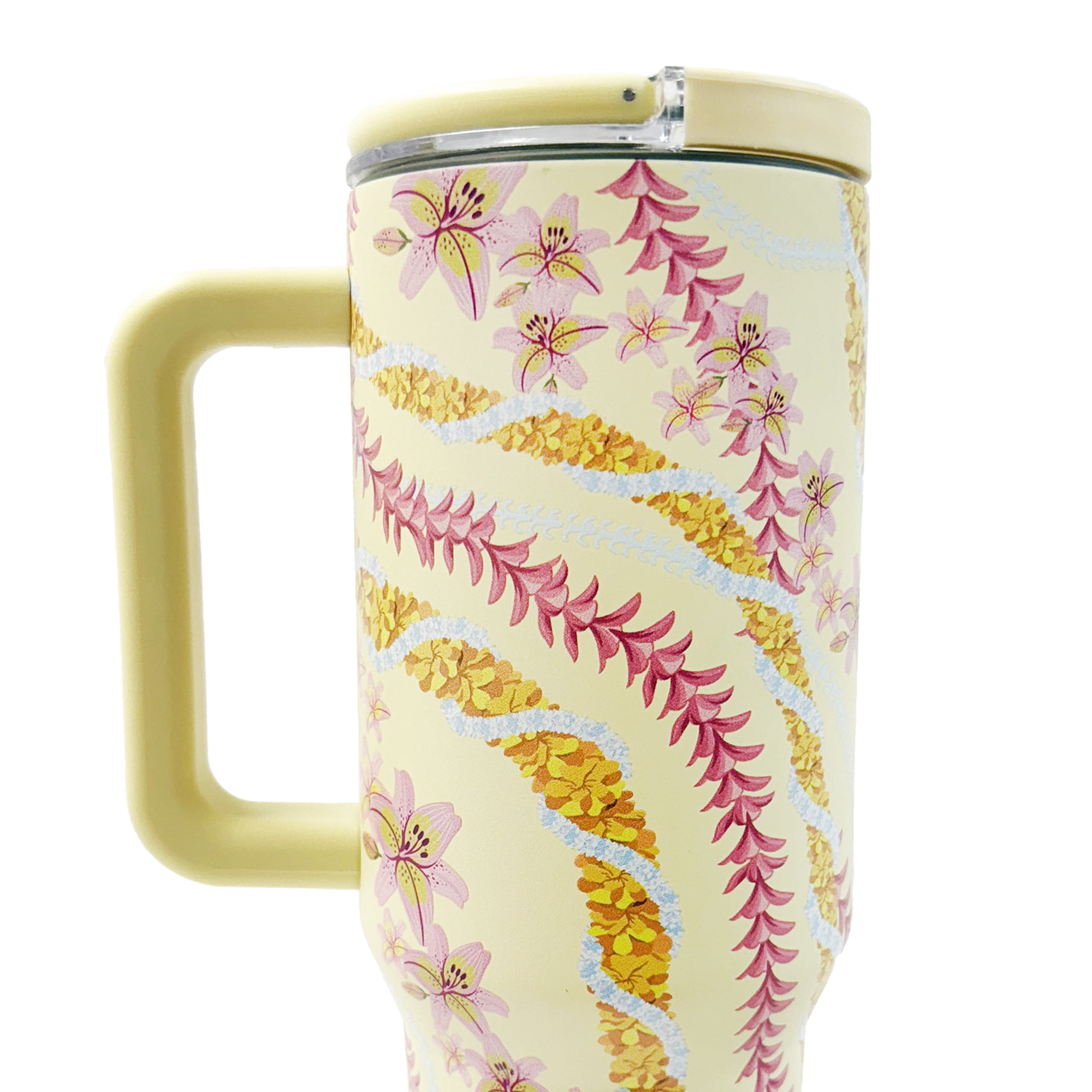 Island Crew 40 oz Yellow Floral Lei Stainless Steel Tumbler with Handle