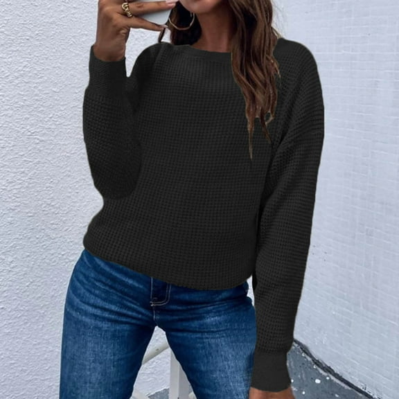 AOOCHASLIY Clothes Sweaters Womens Fashion Winter Casual Blouse Round Neck Long Sleeve Solid Sweater Tops