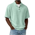 thumbnail image 2 of Blusas y camisas de manga corta y cuello redondo para hombre, de pana, color liso, informales, a la moda, con medio botón, cuello alto, manga corta, de poliéster., 2 of 6