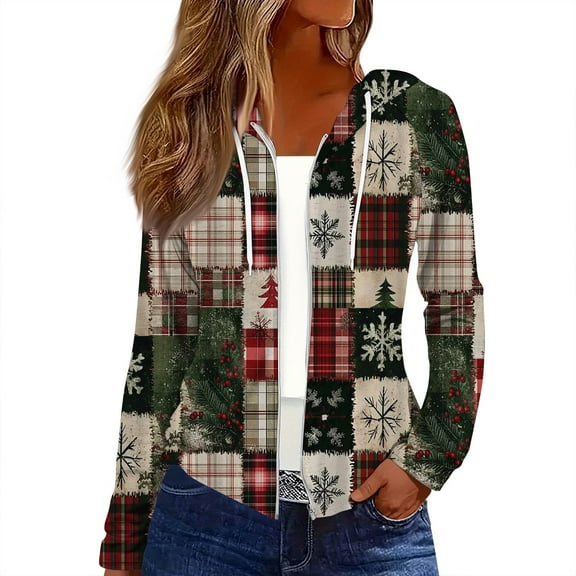 Women's Fashion Christmas Print Casual Zip-Up Long-Sleeve Hooded Jacket, for Outdoor Activities and Daily Use,Black,XL