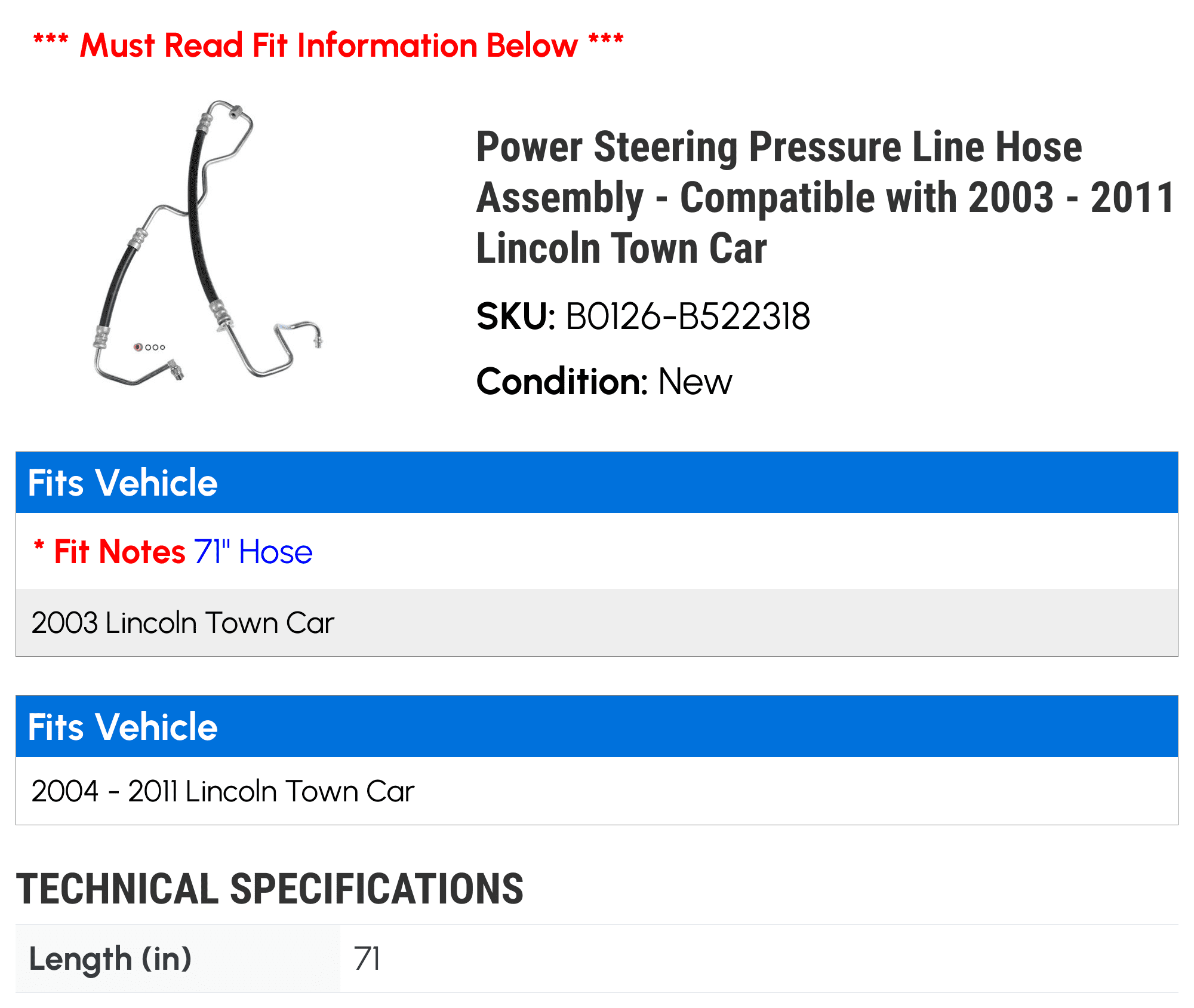 Power Steering Pressure Line Hose Assembly - Compatible with 2003 - 2011 Lincoln Town Car 2004 2005 2006 2007 2008 2009 2010