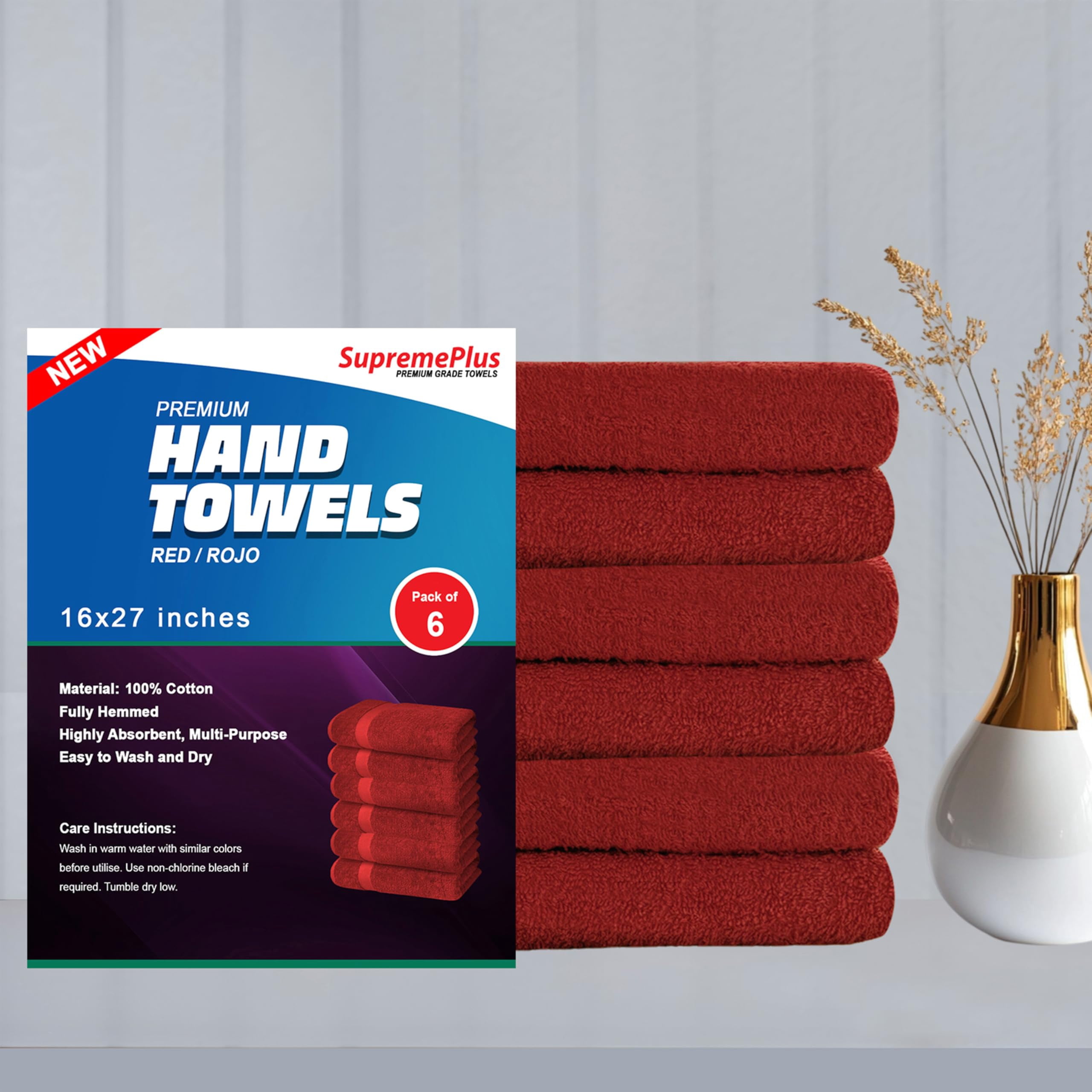 SupremePlus Premium Absorbent 16" x 27" 100% Ring Spun Cotton Hand Towels, Red 6 Count
