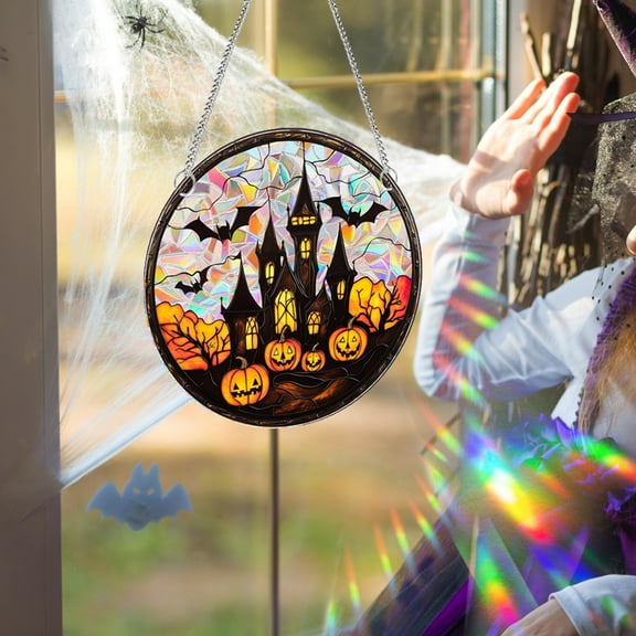 Eoozwa 1 Packs Halloween Flying Bats and Pumpkin Castle Light Catcher Window Hanging Ornament Spooky Glow in Dark Party Home Decor for Indoor Outdoor