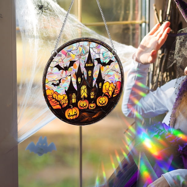 Adorno colgante de acrílico con atrapaluz de murciélagos voladores y castillo de calabaza para Halloween | Decoración reflectante espeluznante con aro para colgar | Ideal para fiestas de Halloween,
