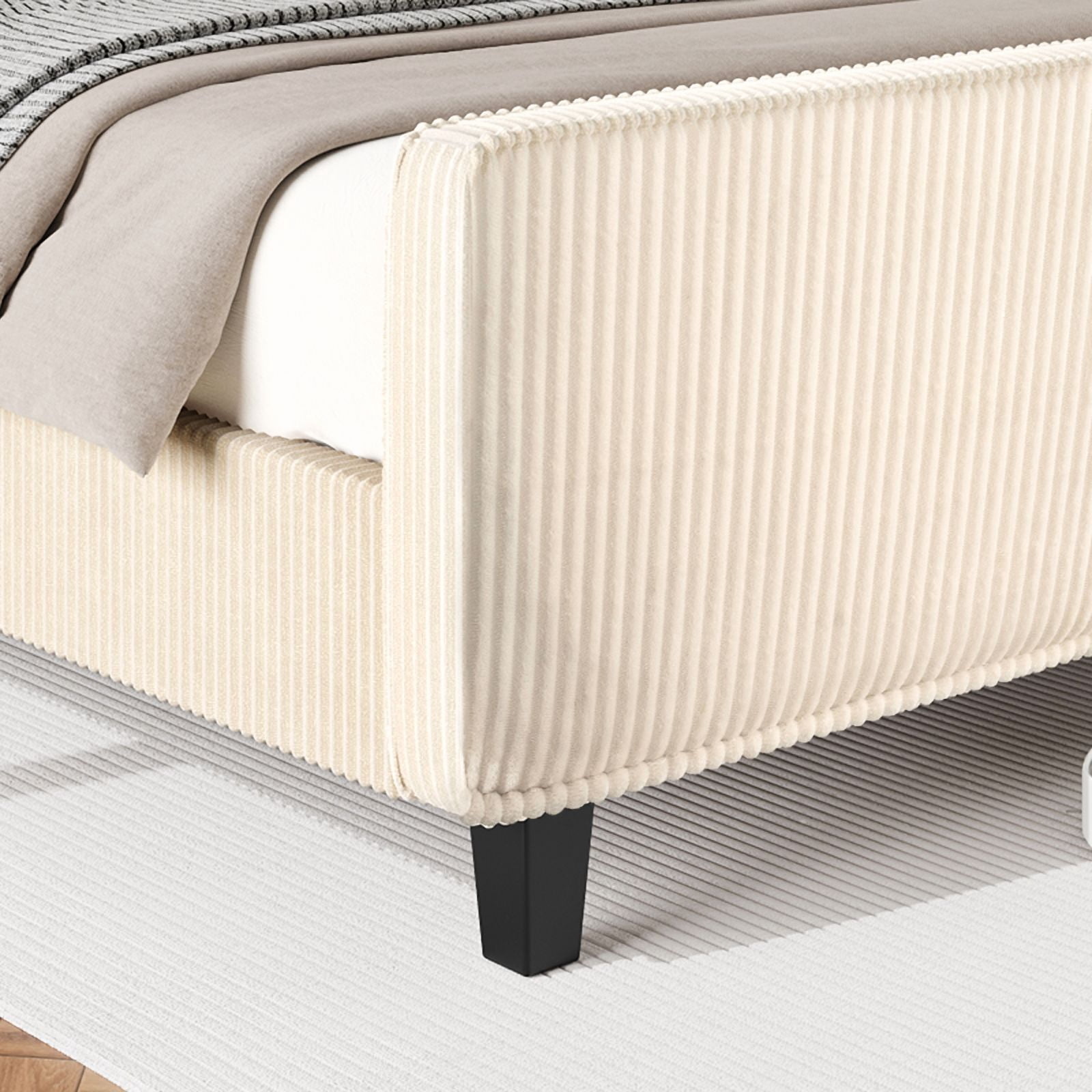 Gewnee 51"High Headboard Platform Queen Bed Frames,Corduroy Upholstered Bed Frame with USB Ports、Wingback and High Footboard.(Beige)