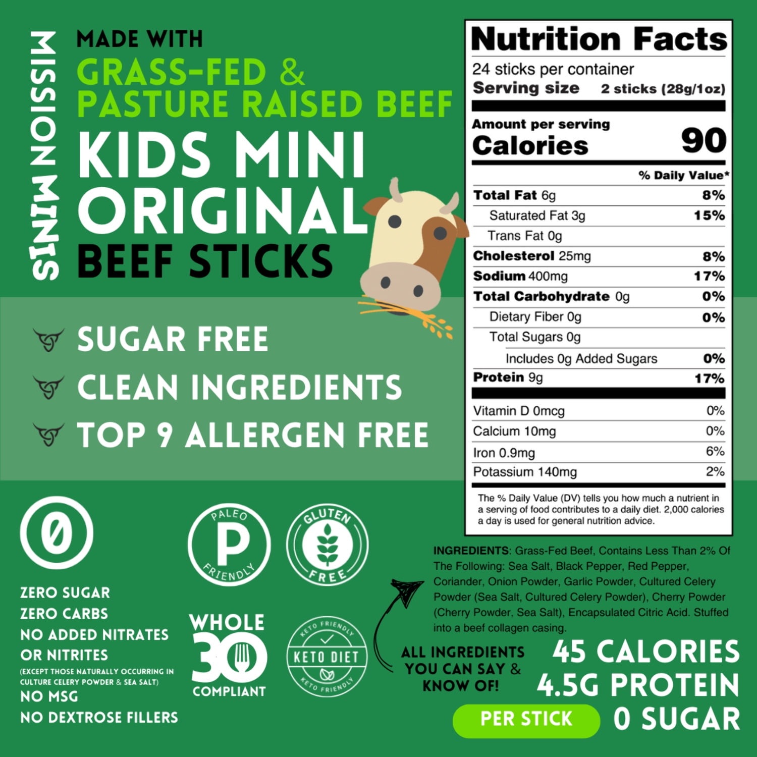 Mission Meats Kids Beef Sticks, 100% Grass Fed, Mini Healthy Snacks for Kids, Zero Sugar, Gluten & Nut Free, Individually Wrapped, 0.5oz (24ct Bag)