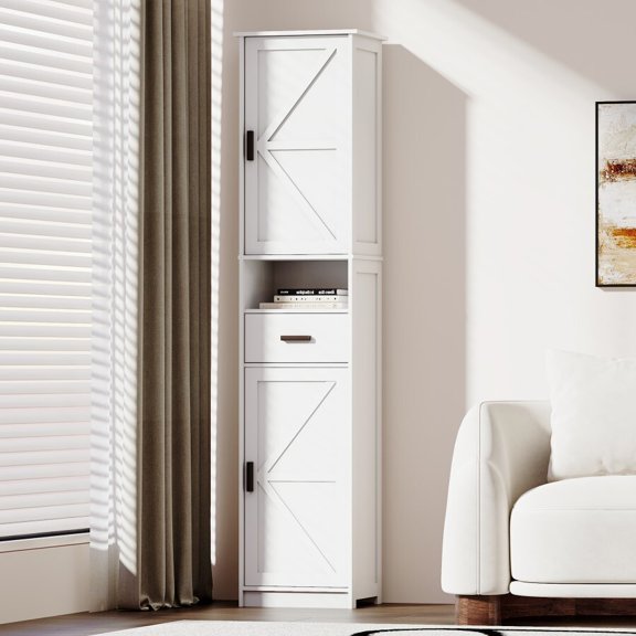 Oufan Tall Cabinet, Slim Storage Cabinet, Narrow Freestanding Floor Cabinet with 1 Drawer & 2 Barn Doors for Bathroom, Living Room, Entryway,Kitchen, 14" D x 11" W x 69" H, White