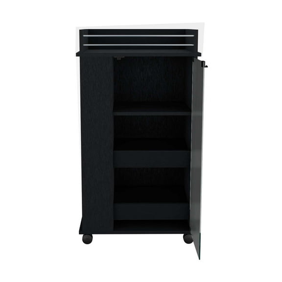 Newboti Furniture Black kitchen cabinet, bar cart with wheels, glass door, 3 internal shelves and 2 side shelves, space to store coffee and snacks. 43939