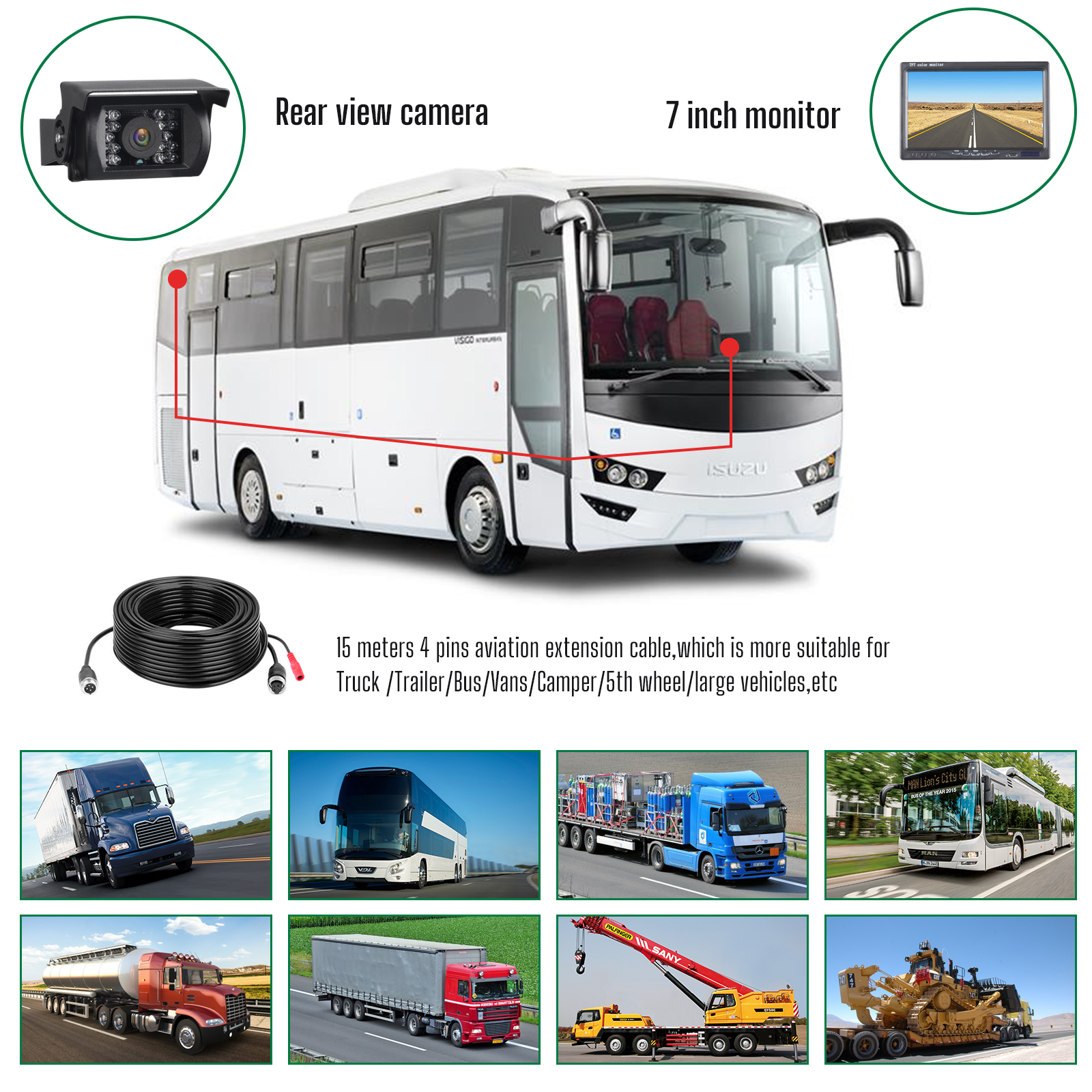 Vehicle Backup Camera and inch Screen Monitor Kit   IR Night Vision Reverse Rear View Parking Camera System with Pin 15m Cable for Bus RV Truck Tr - 1