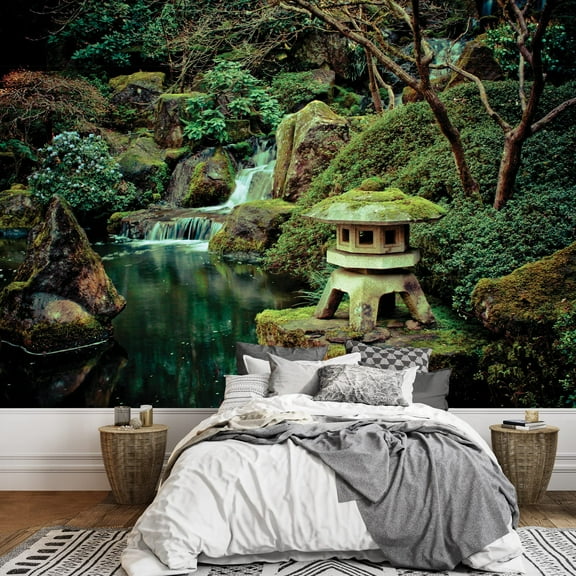 Wall26 - Little Shrine Sitting on a Rock on a Lake with a Waterfall - Wall Mural, Removable Sticker, Home Decor - 66x96 inches