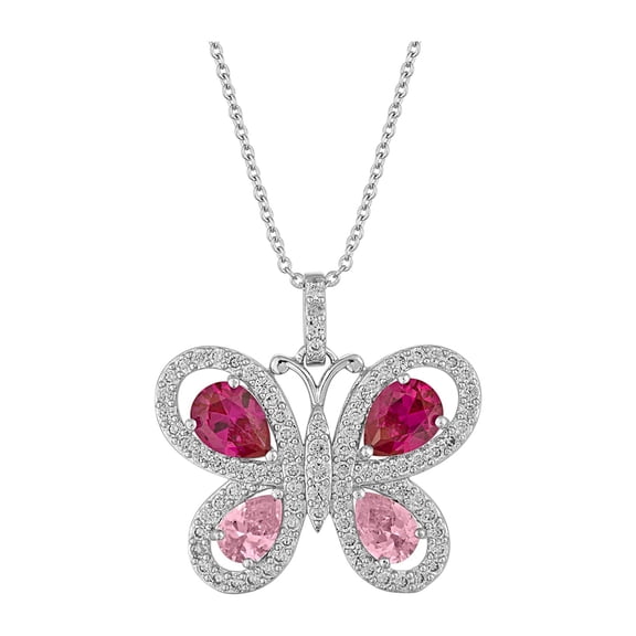 Sterling Silver-Plated Simulated Blue Topaz and Simulated Opal with CZ Accents Dragonfly Pendant Necklace, 18"