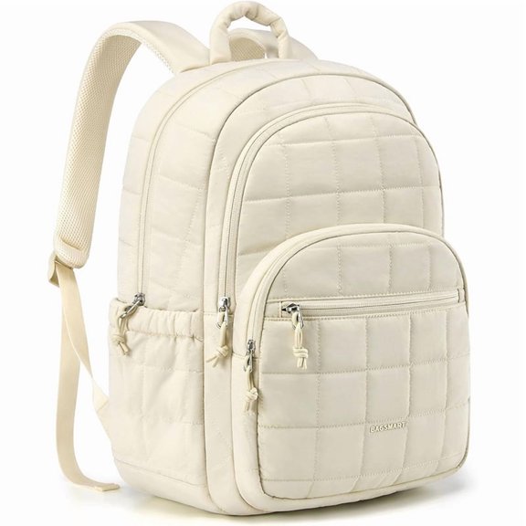 Women's Quilted Laptop Backpack, Stylish Water-Resistant 15.6 Inch College Bookbag for Travel, Work & School, Casual Daypack (Beige)