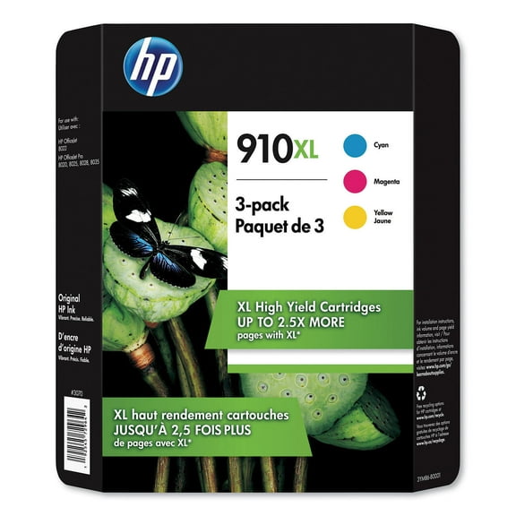 HP 910XL Ink Cartridges - Cyan, Magenta, Yellow, 3 Cartridges (3YM86BN)