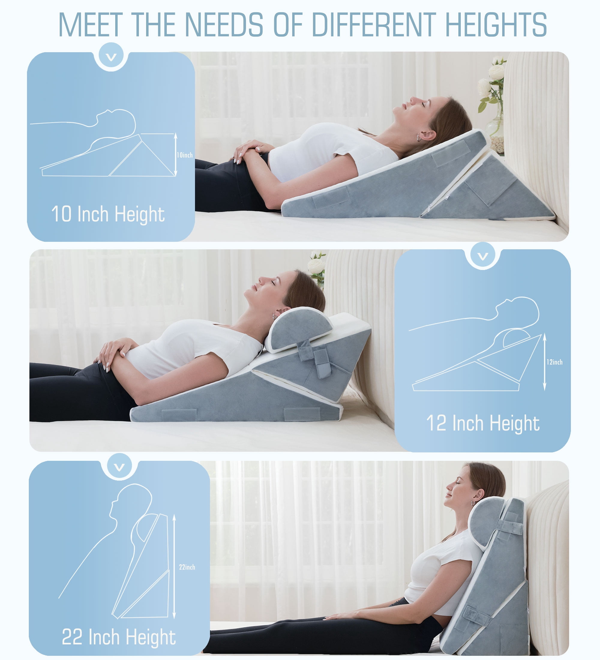 3Pcs Orthopedic Bed Wedge Pillow for Sleeping, Adjustable 9&12 Inch Memory Foam Wedge Pillow Post Surgery or Back, Neck and Knee Support