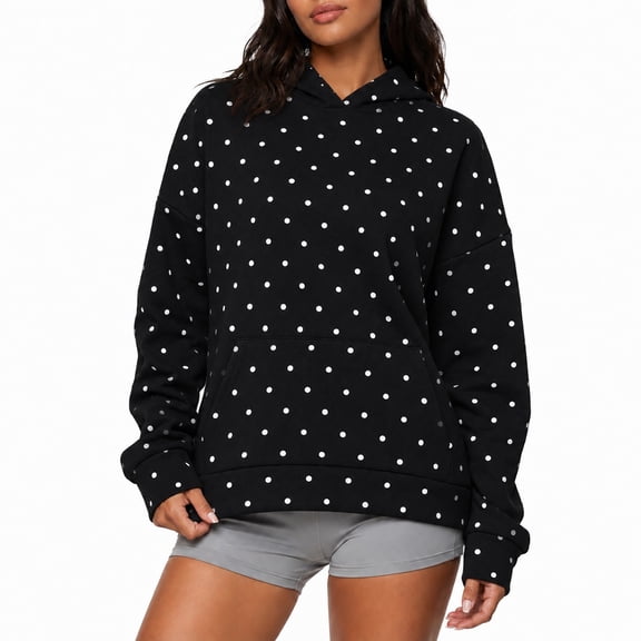 Wrongduck Polka Dot Hooded Sweatshirt for Women, Relaxed Graphic Print Fleece Pullover with Pocket for Fall and Winter