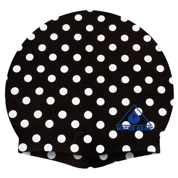 Water Gear Silicone Adult Swim Cap - Flexible Unisex Waterproof - Great for Short and Long Hair - Improve your Performance - Women Men and Teens -Triathlon Swimmers and Athletes (Black/White Polkadot)