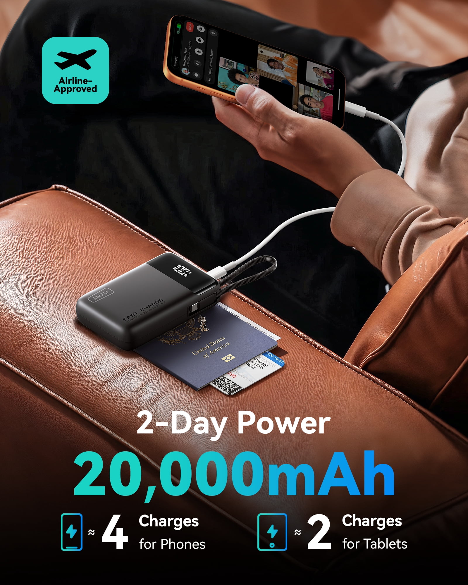 INIU 20,000 mAh Portable Power Bank with Built-in Cables, 45W Fast Portable Charger with USB-C, Battery Pack with LED Display Compatible with iPhone and Android Phone,Hiking,Travel Essentials,Black