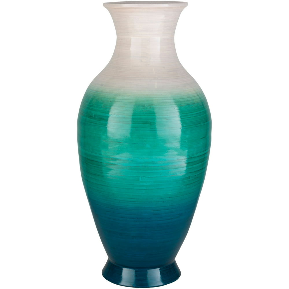 22.75" Teal Blue and White Glossy Finish Bamboo Vase