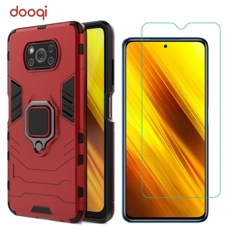 For Xiaomi Poco X3 / X3 Pro / X3 NFC Magnetic Stand Ring Holder Hard Armor Red Case Cover + Tempered Glass Protector