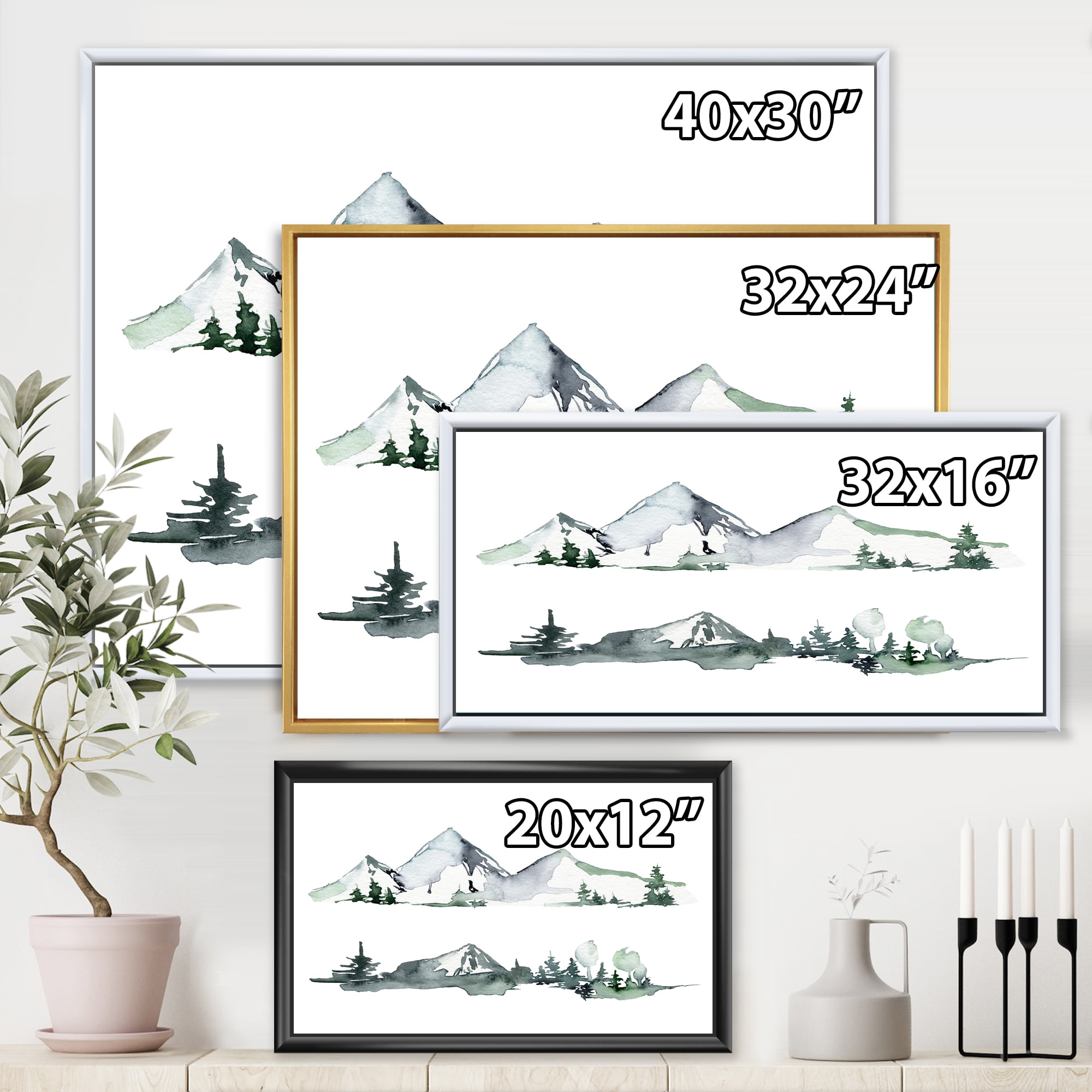 Designart 'Trees With Winter Dark Blue Mountain Landscape II' Modern Framed Canvas Wall Art Print