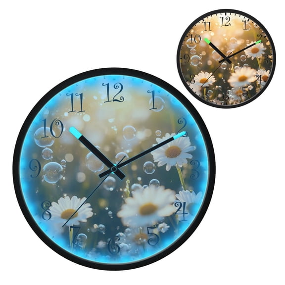Voice Activated Clock with Glow Light 12 Inch Large Silent Wall Clock Battery Operated for Home Decor A Field Of Daisies