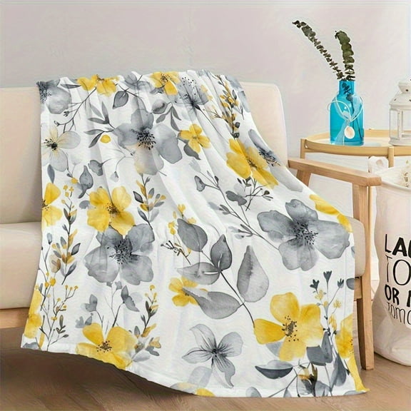 PrintedInUSA Flannel Throw Blanket - Plush Gray & Yellow Floral Design, Lightweight & Warm Fuzzy, Perfect for Bed, Sofa, Couch, Camping, Travel - 280gsm, All-Season Use, Blanket for Bed, Sofa Accesso