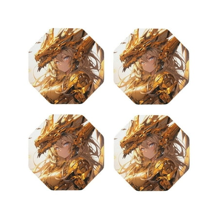 

Coasters Set of 4 - Golden Armor Dragon Princess Drink Coasters for Tabletop Protection Leather Coasters for Living Room Decor and Housewarming Gift Octagon