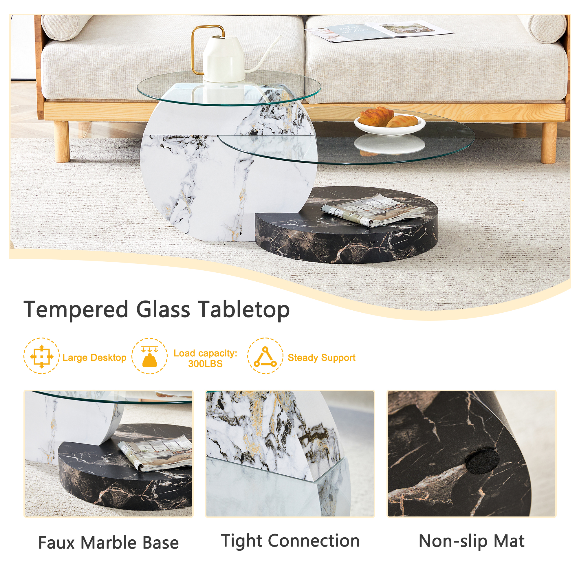 JUFU 35.4" Glass Coffee Table, Modern Round Coffee Table with MDF Faux Marble Base, 2-Tier Tempered Glass Top, Easy to Assemble, Ideal for Living Room, Small Space, Home Office