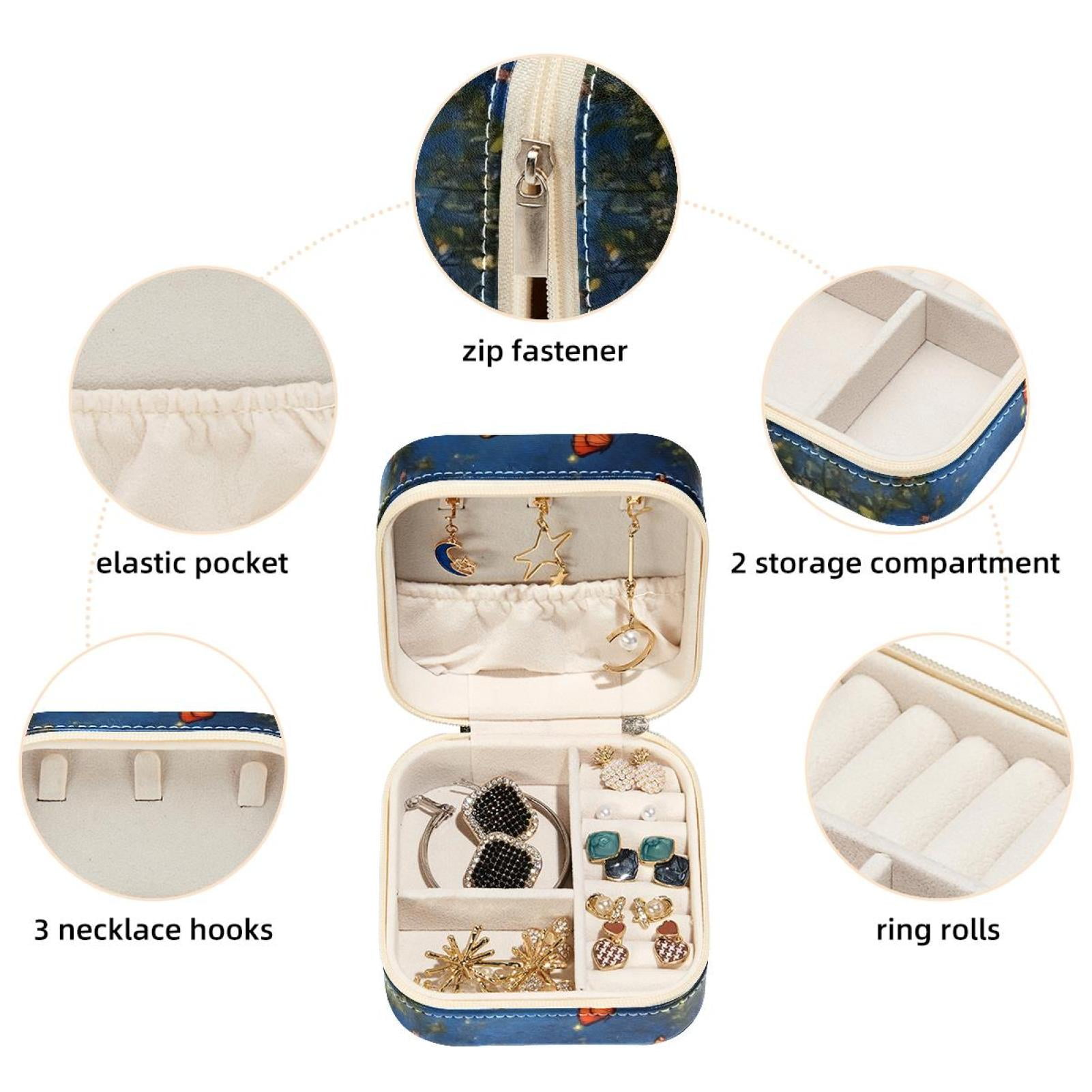PhooArto Small Jewellery Box, Night Sky Moon Butterflies Flower Portable Travel Mini Jewelry Case for Women Leather Ring Organizer