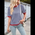 thumbnail image 4 of Suéteres Casuales de Verano para Mujer, con Cuello Redondo, Corta, A Rayas, de Punto con Bloques de Color, de Corte Alto y Moderno Azul Marino Rojo M, 4 of 10