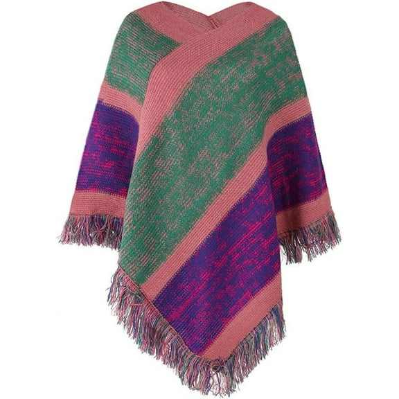 ZhangBaoLin Women Shawl Wrap Cardigan Knit Colorful Poncho Cape Sweater Fashion Tassels Coat