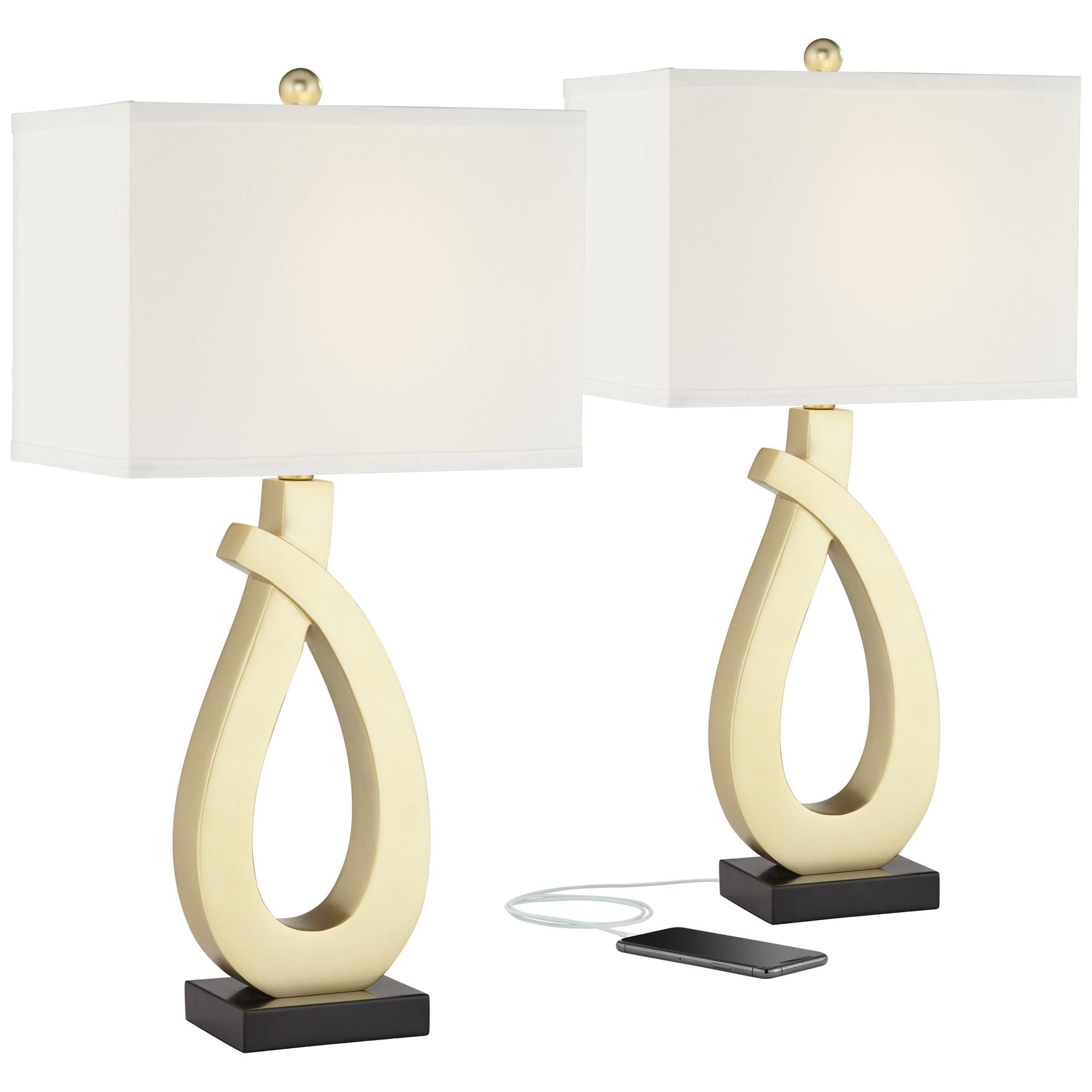 360 Lighting Simone Modern Table Lamps 28" Tall Set of 2 Sculptural Gold Metal USB Charging Port White Rectangular Shade Bedroom Living Room