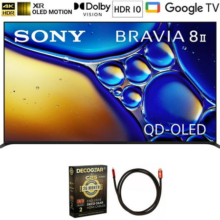 Sony K55XR80M2 BRAVIA 8 II 55 inch Class QD-OLED 4K HDR Google TV 2025 (Renewed) Bundle with Deco Gear 6FT HDMI 2.0 Cable and CPS Exclusive 26 Month Protection Pack (BEACH-CPS-26M3500)