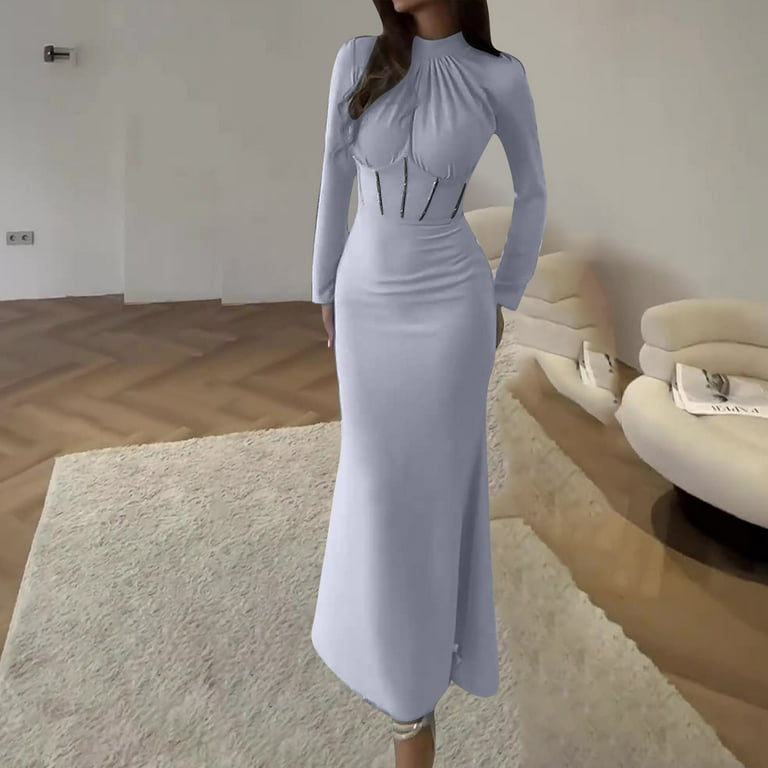 Cavosen Mother of the Bride Dresses for Women Gray Elegant Long Sleeve Long Dress Party Dress Crew Neck Pleated Tie Floor Length Maxi Dress Flowy