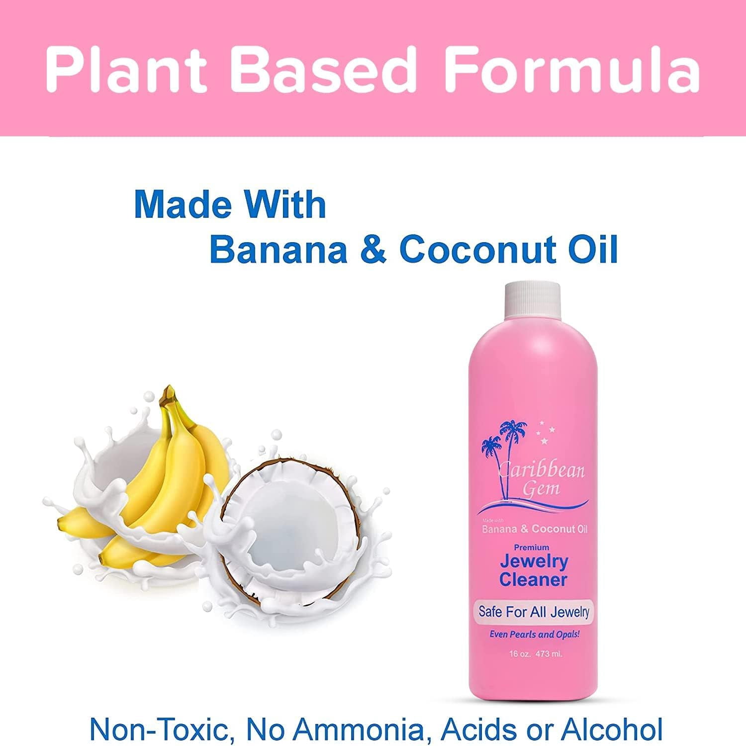 Caribbean Gem Natural Banana & Coconut Oil Jewelry Cleaner with Polishing Cloth, For Gold, Silver and Precious Gems, Ammonia Free, Hypoallergenic Jewelry Cleaning Solution (16oz)