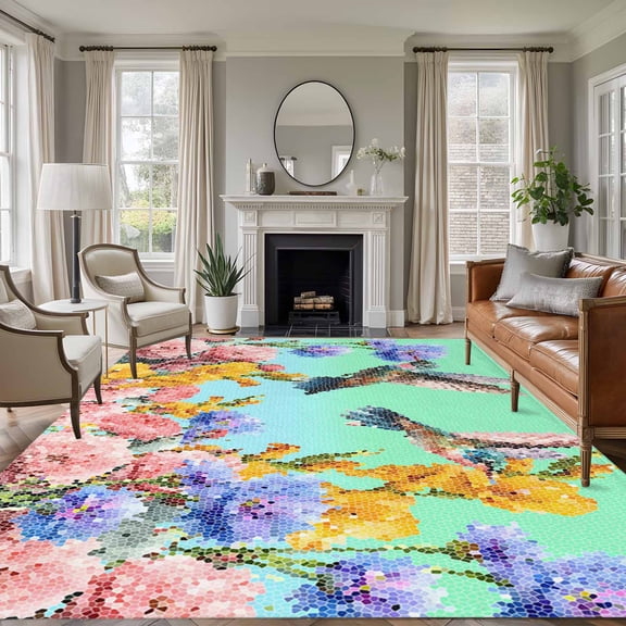 5'x7' Area Rugs, Teal Green Hummingbirds Indoor Outdoor Area Rug for Living Room Bedroom, Spring Watercolor Flowers Plant Washable Bathroom Rugs Kitchen Floor Carpet Mats Home Decor Aesthetic
