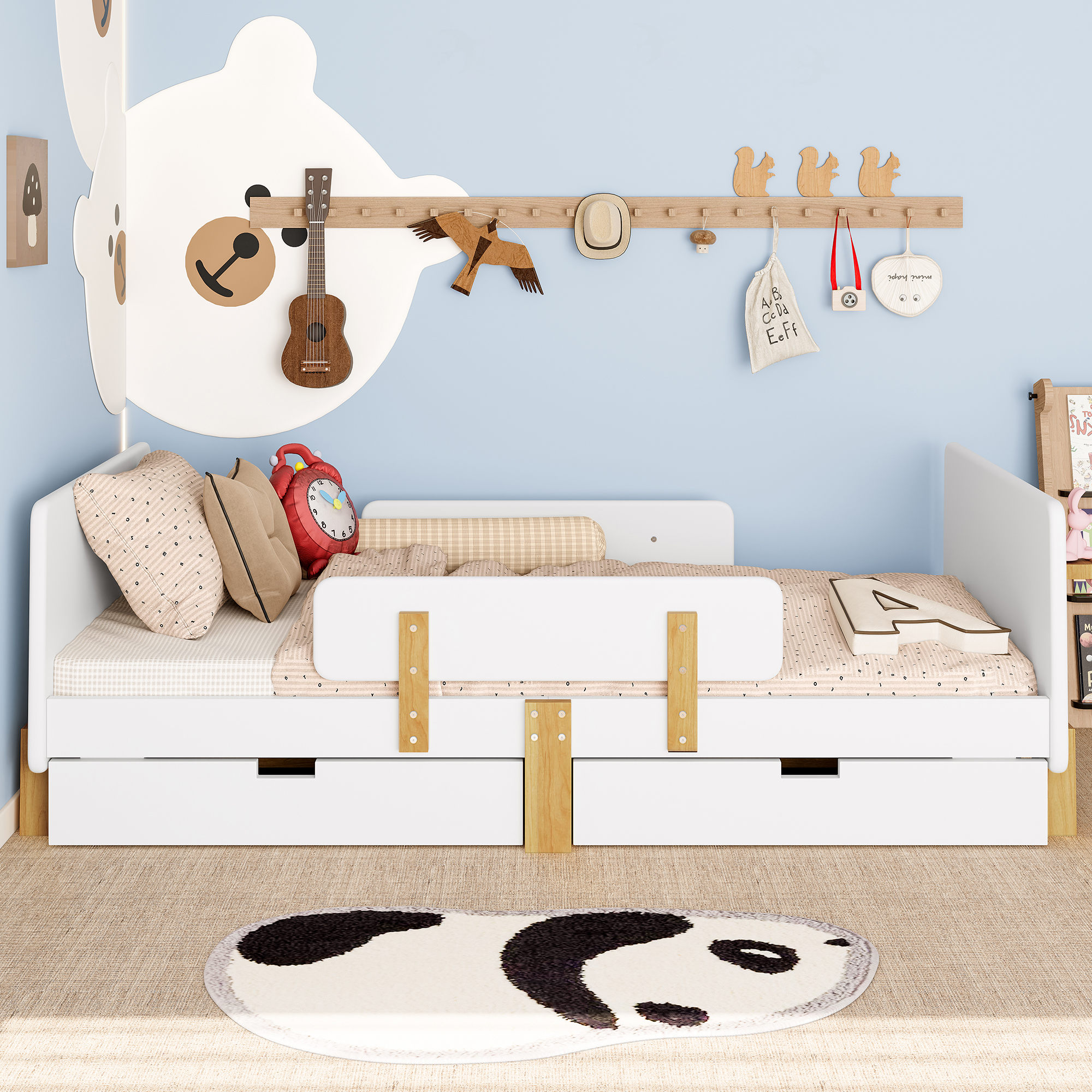 Miniyam Twin Bed with Storage Drawers, Guardrails, Footboard Shelf & Side Hooks for Kid, White