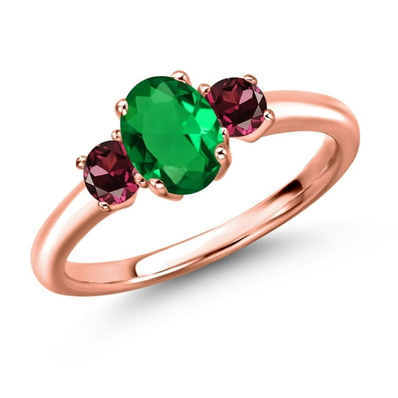 Gem Stone King 18K Rose Gold Plated Silver Green Nano Emerald and Red Rhodolite Garnet Engagement Ring for Women | 1.04 Cttw | Oval 7X5MM | Gemstone May Birthstone | Size 9