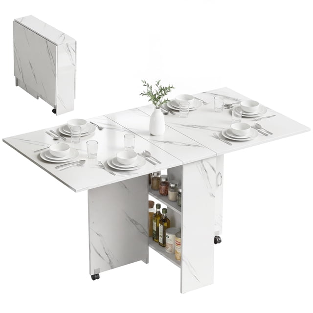 HOMCOM Folding Dining Table, Drop Leaf Table with 2-tier Shelves