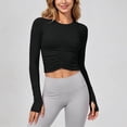 thumbnail image 3 of DuoJiaJ Womens Long Sleeve Crop Top, Crew Neck Ruched Stretchy Yoga Athletic Black L, 3 of 5