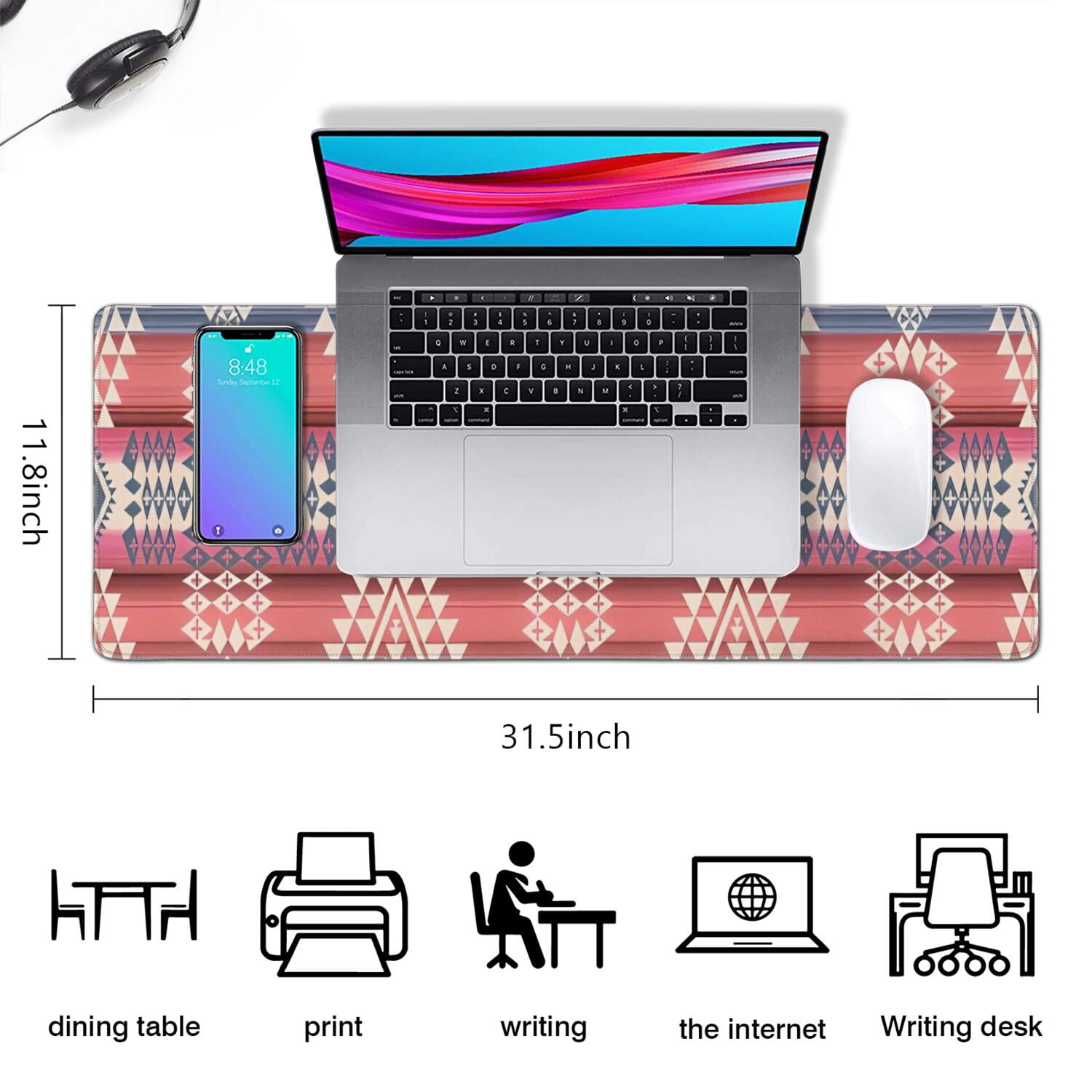 Long Mouse Pads for Desk,Colorful Geometric Striped Pattern (9) Desk Mats on Top Of Desks, Desk Mouse Pad Extra Large with 3mm Non-Slip Base and Stitched Edge for Gaming,Office,Work,Home 31.5"x11.8"