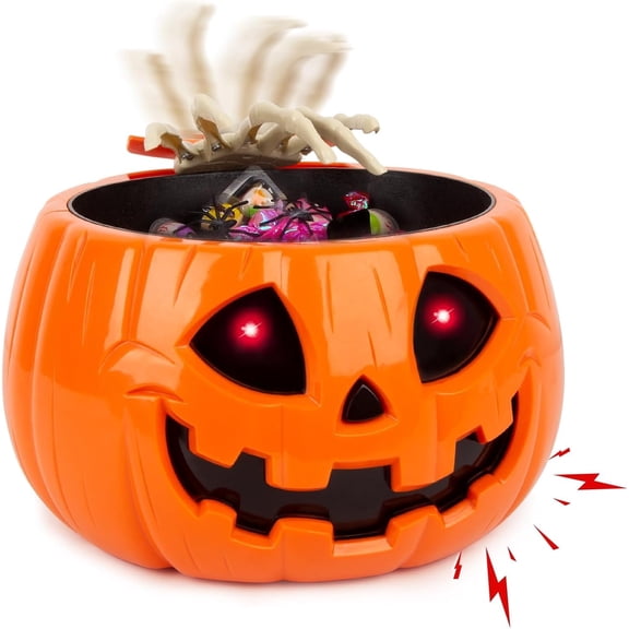 SINKOO Animated Halloween Candy Bowl, Motion Activated Pumpkin Candy Bowl with Creepy Sound, Skull Hand, Glowing Eyes, for Halloween Porch Party Decor