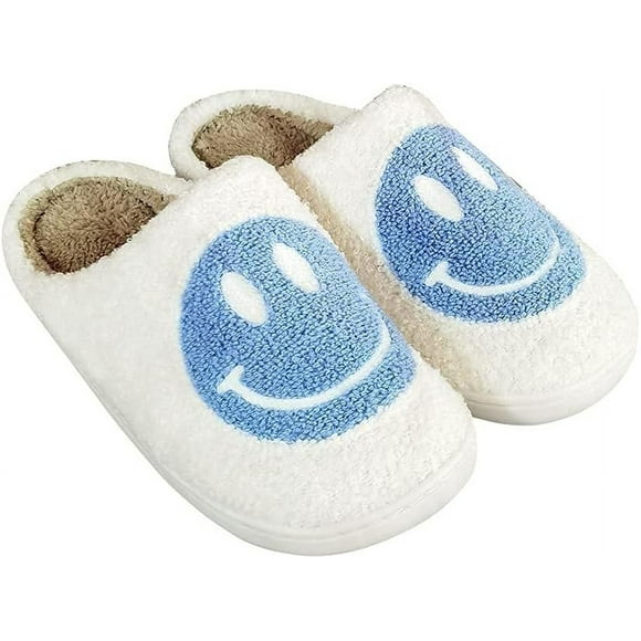 ORUYROP Retro smiling face plush comfortable warm Non-slip slip-on slippers slippers-with memory foam rubber sole, suitable for men,women -Blue_6.5-7