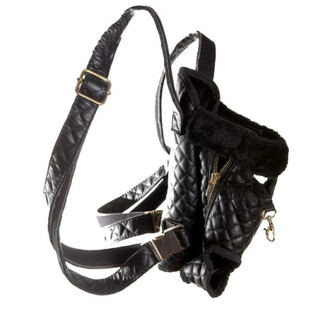 Fur Trim Dog Pet Dog's Fashion Faux Fur Trim Faux Leather Quilted Travel Backpack Bag Black Small ()